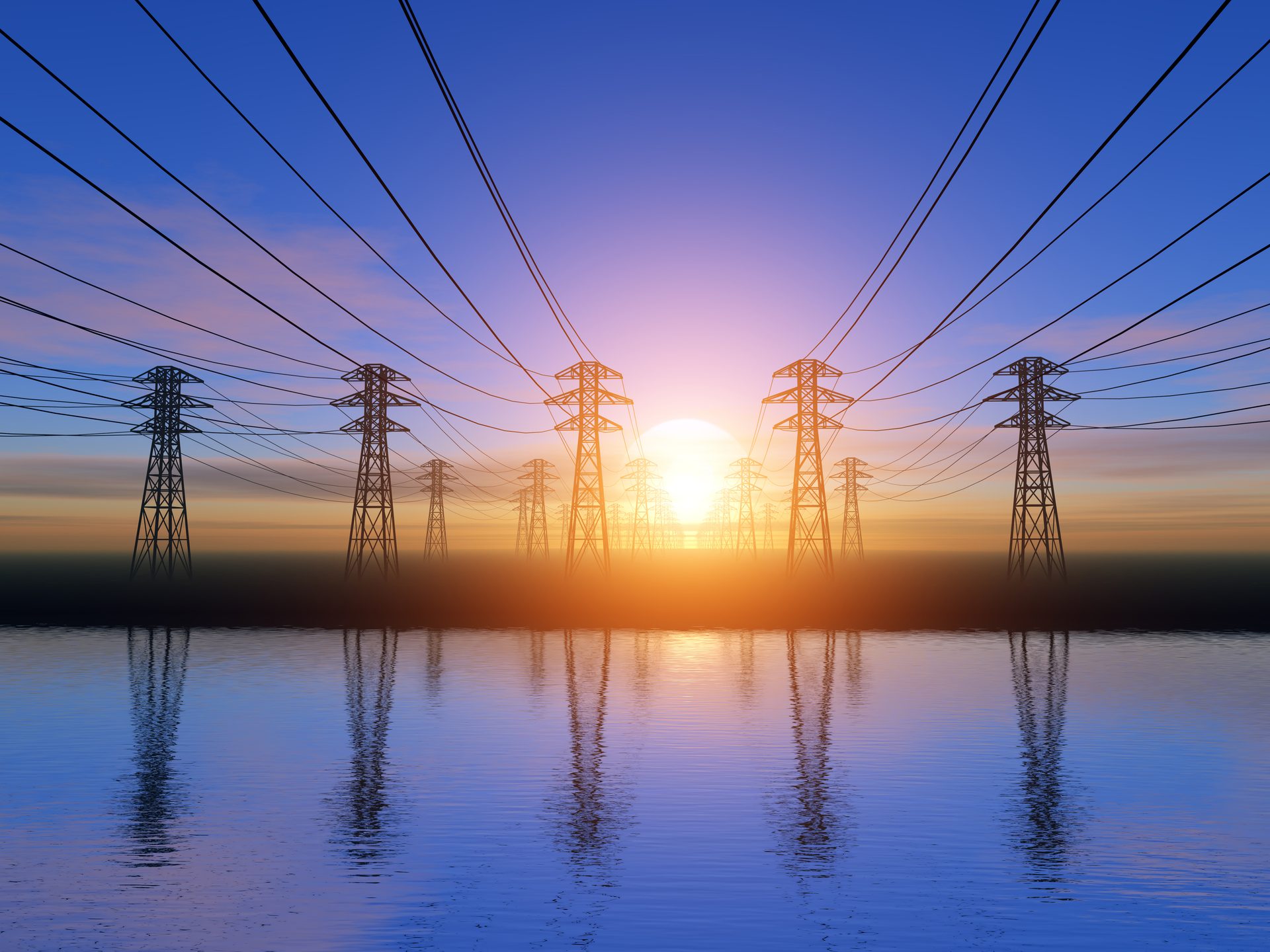 Overhead power line, Water, Sky, Atmosphere, Afterglow, Blue, Tower, Electricity, Dusk, Sunset