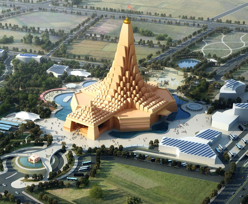 Aerial shot: Golden, ornate temple in a modern complex with solar panels, water, and greenery.