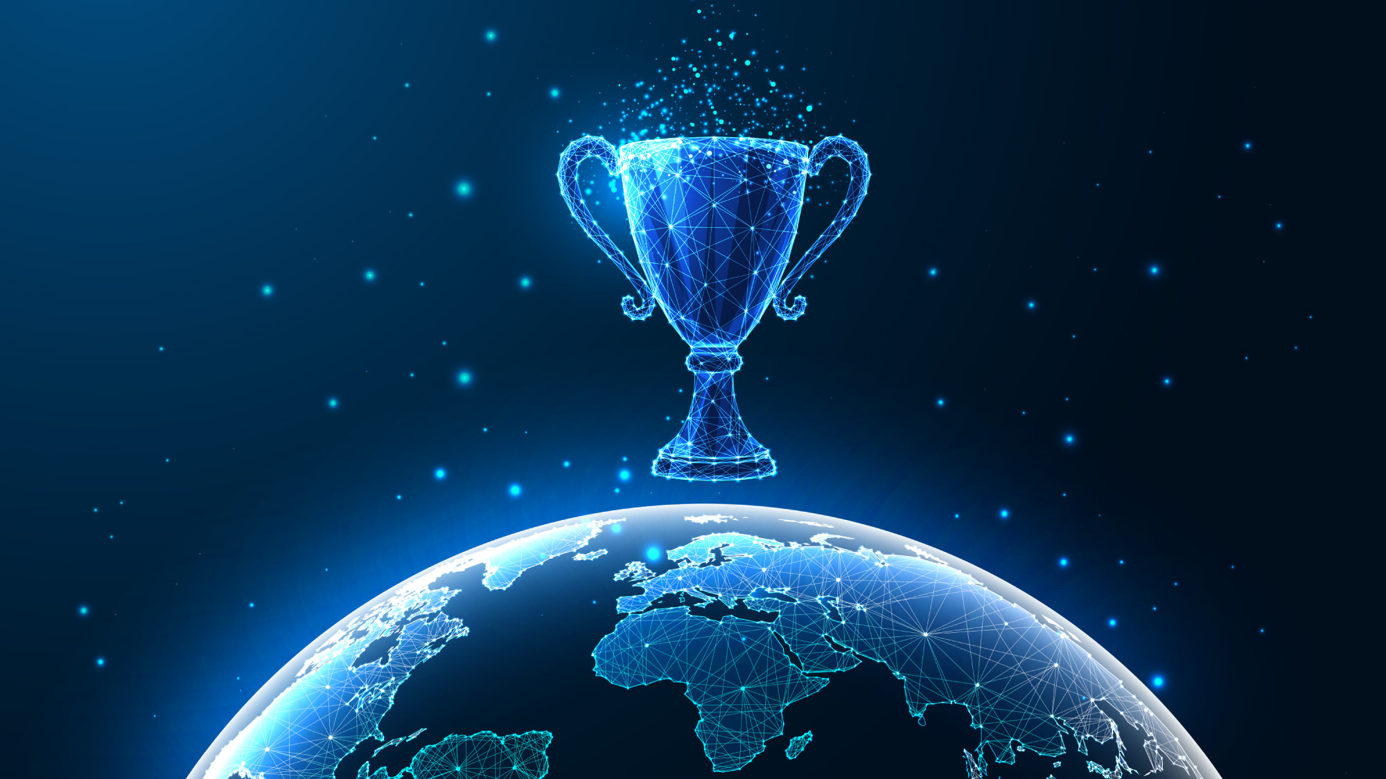 Digital wireframe trophy glowing above a futuristic Earth, starry blue background.