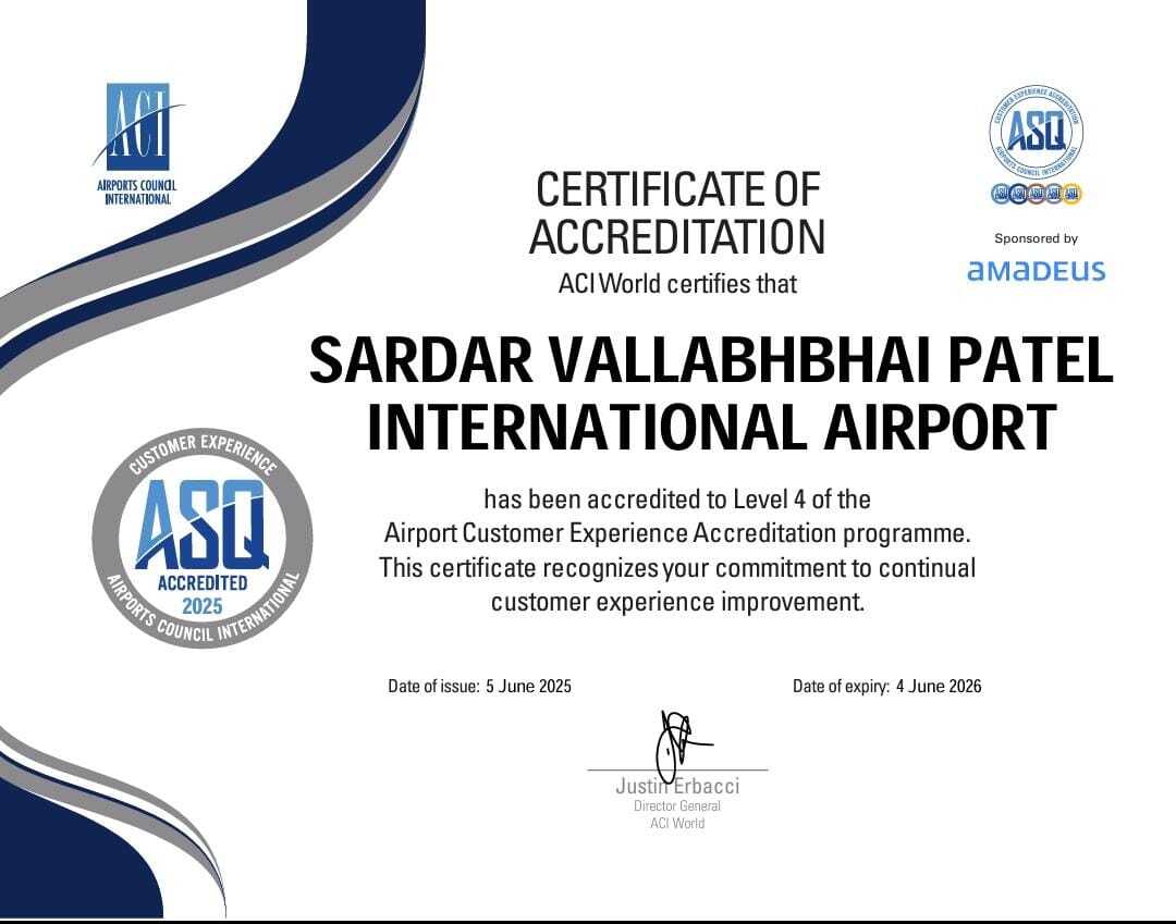 Certificate: Sardar Vallabhbhai Patel Intl Airport Level 4 Customer Experience Accreditation.
