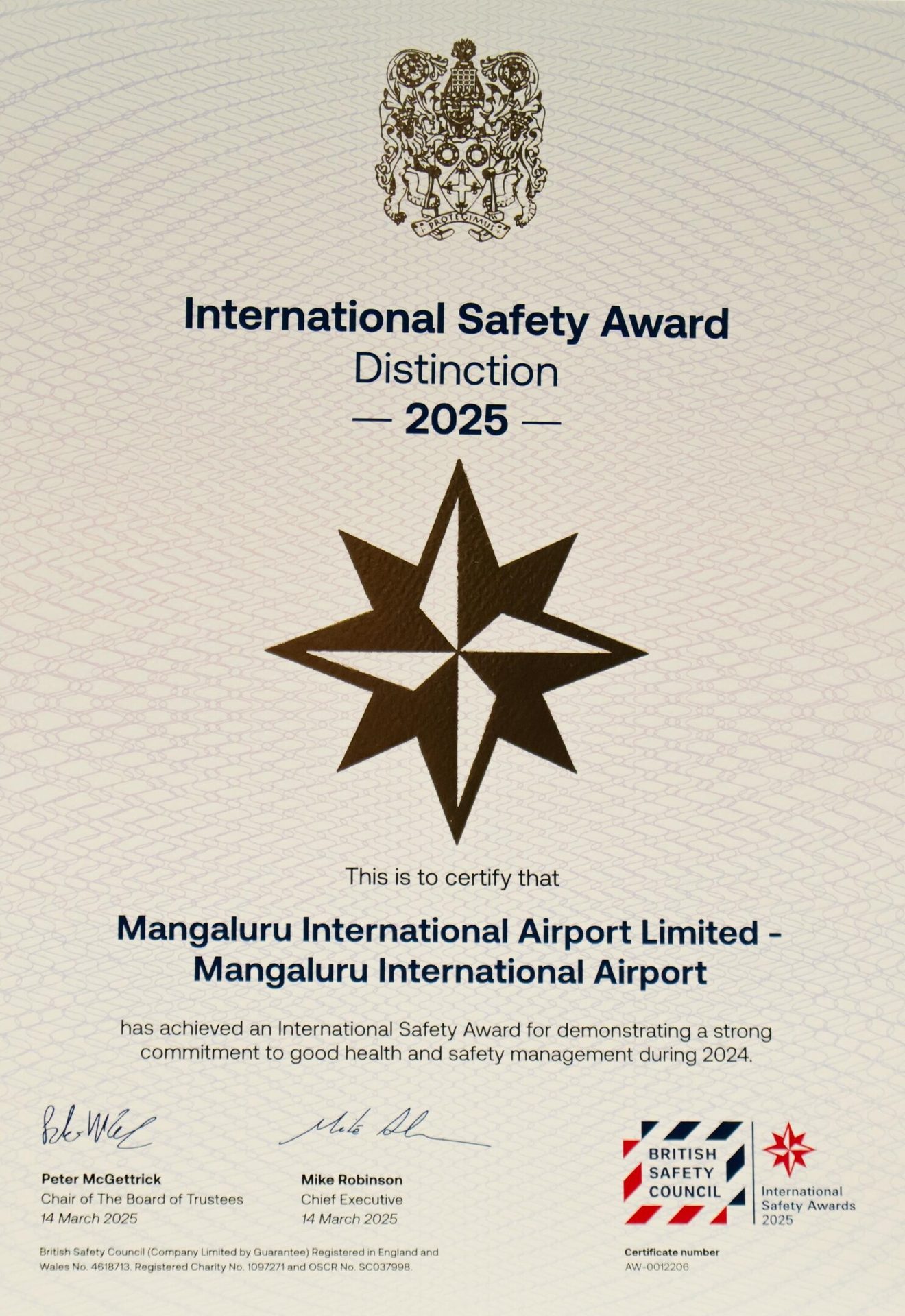 International Safety Award Distinction 2025 certificate for Mangaluru International Airport.