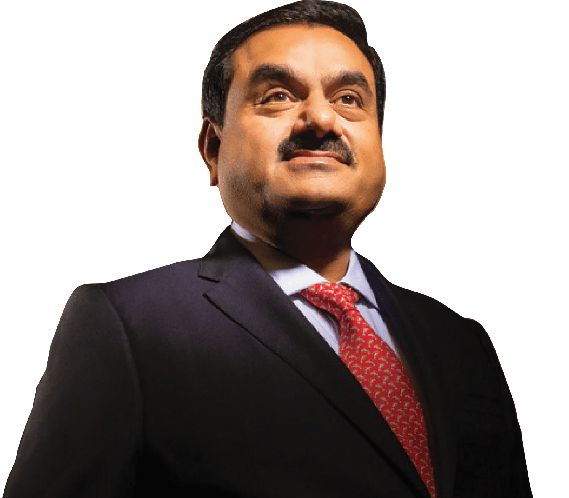 Portrait of a man with a mustache in a dark suit and red patterned tie, looking up.