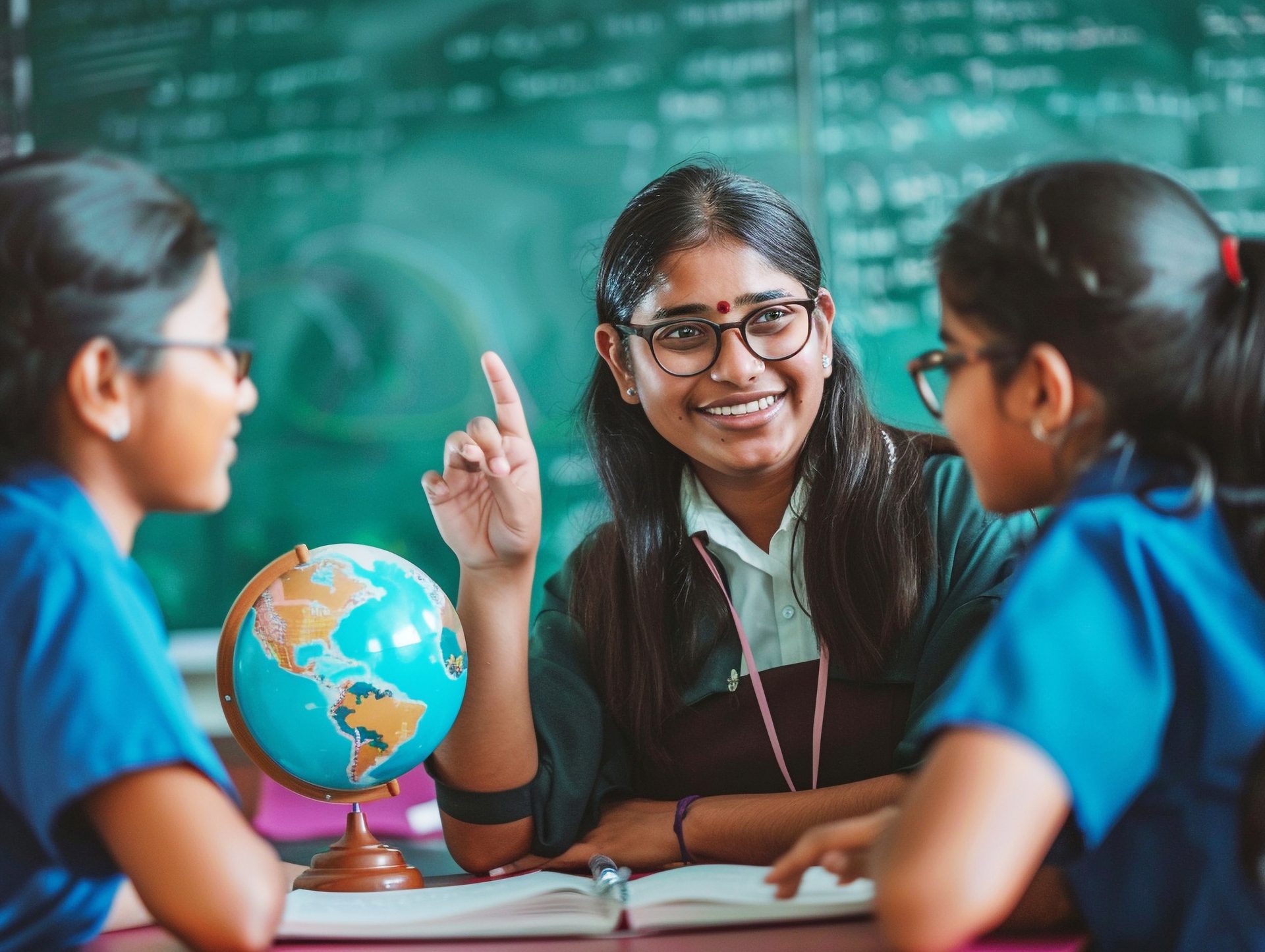 Student smiles, points, and learns with classmates and a globe at a desk.