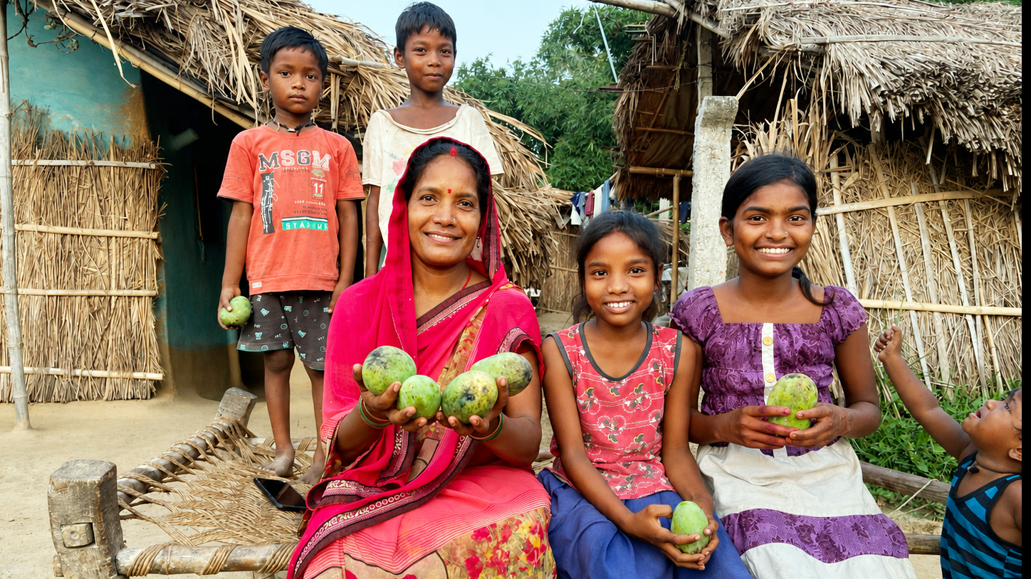 A smiling family with a woman and children in a village, holding mangoes.