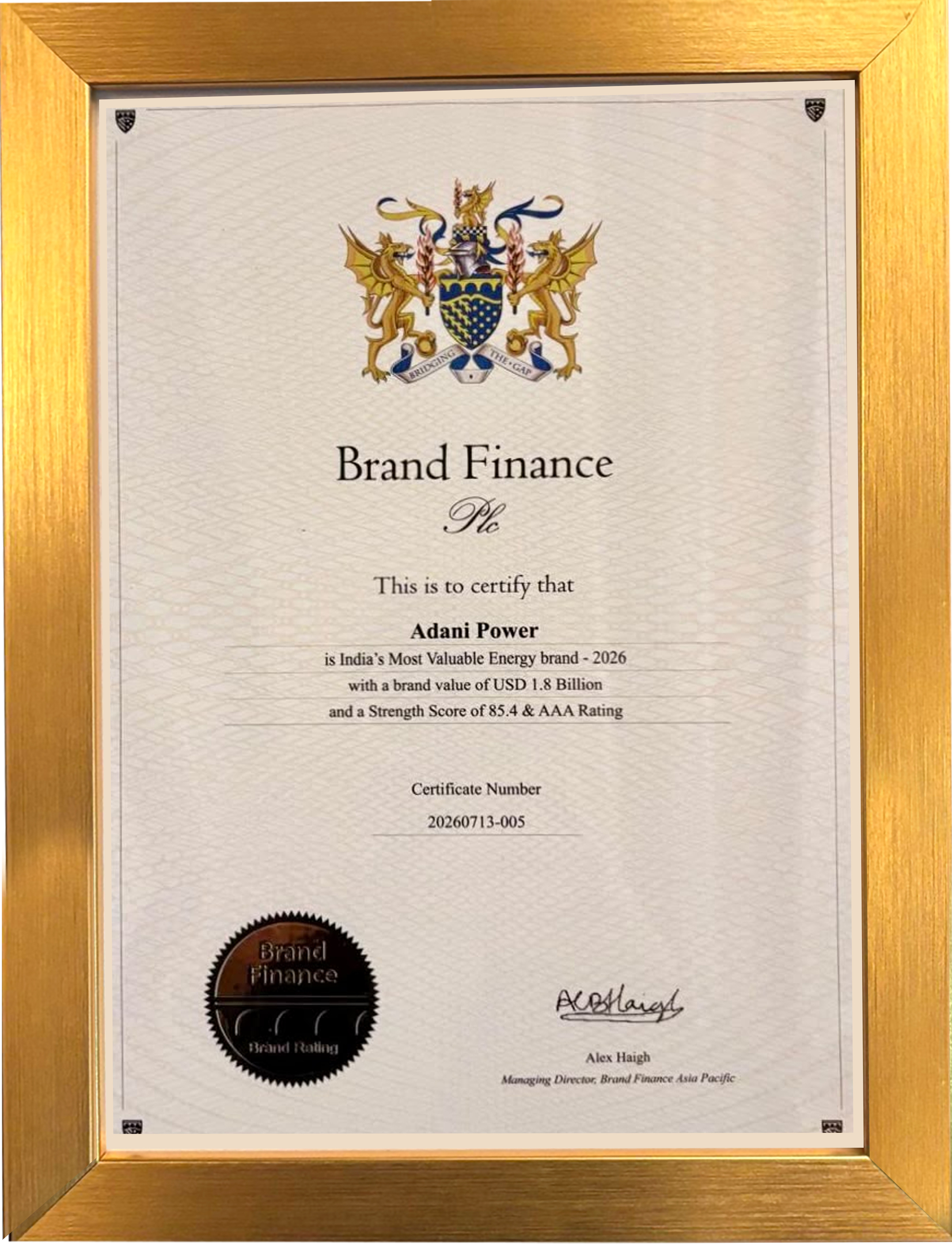 Framed certificate certifying Adani Power as India's Most Valuable Energy brand for 2026 by Brand Finance.