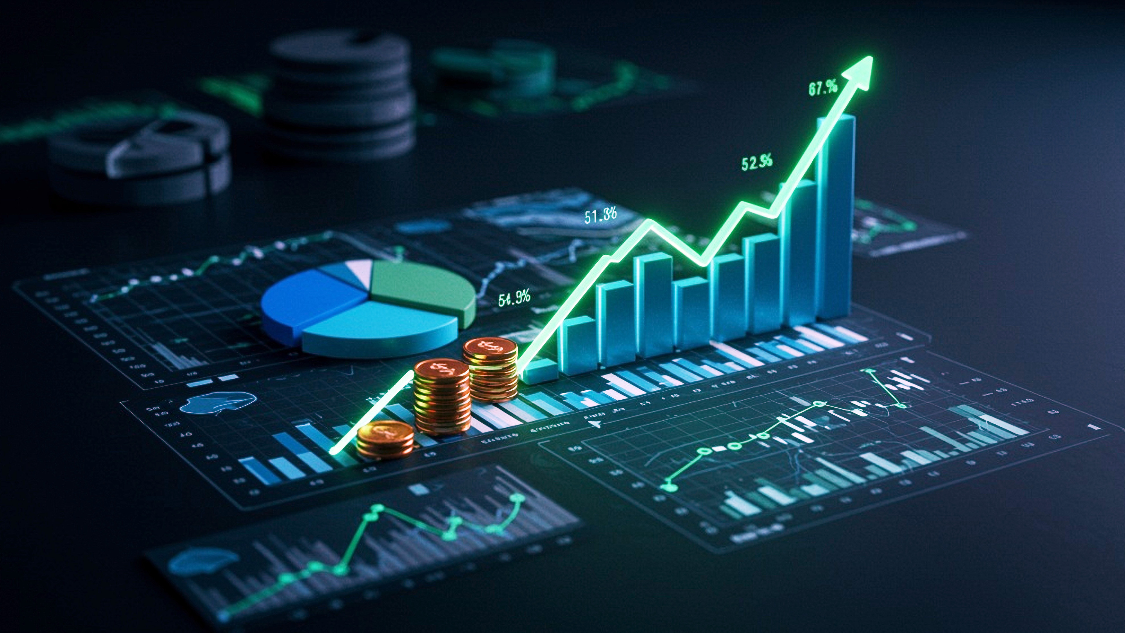 Financial charts, bar graphs, pie chart, and coins showing strong economic growth and positive market trends.