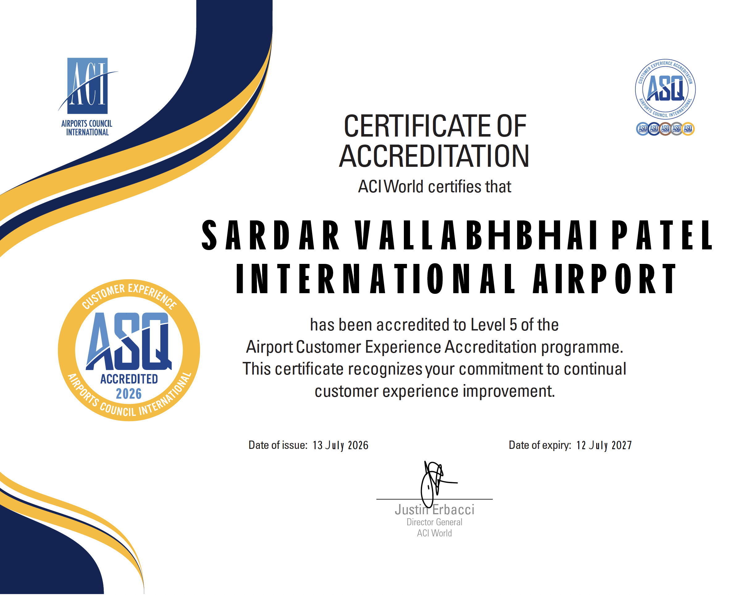 Certificate of accreditation for Sardar Vallabhbhai Patel International Airport, Level 5 Customer Experience.