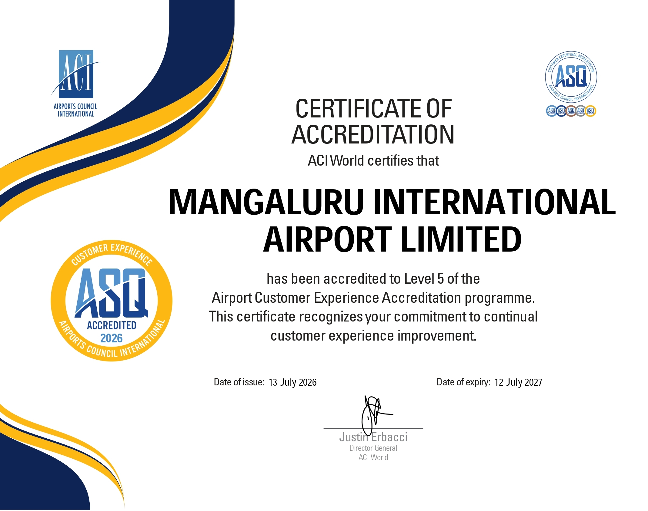 Certificate of Accreditation for Mangaluru International Airport for Level 5 customer experience.