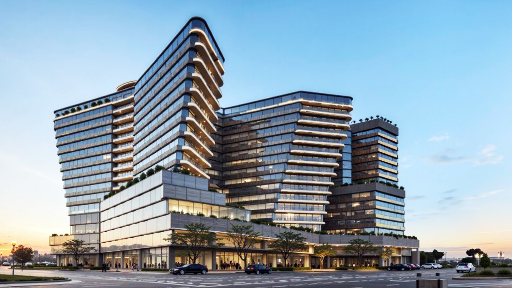 Modern glass and steel building complex with illuminated facades at dusk, surrounded by roads and cars.