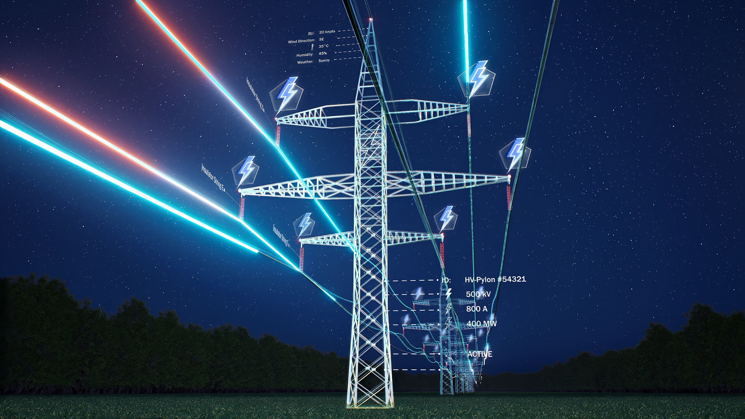 Glowing smart power pylon with digital data overlays against a starry night sky.