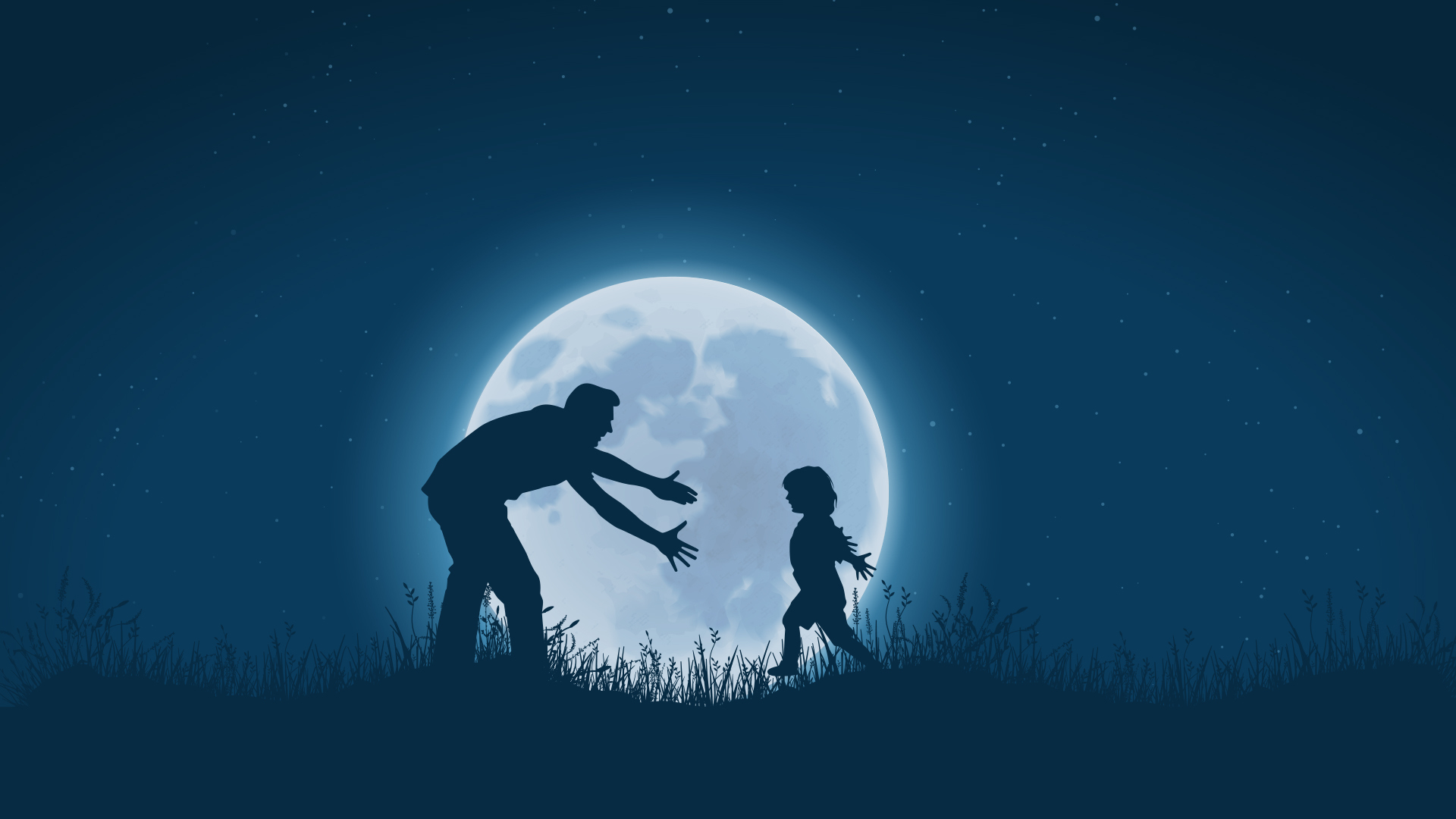 Silhouettes of a father and child reaching for each other under a full moon in a starry night sky.