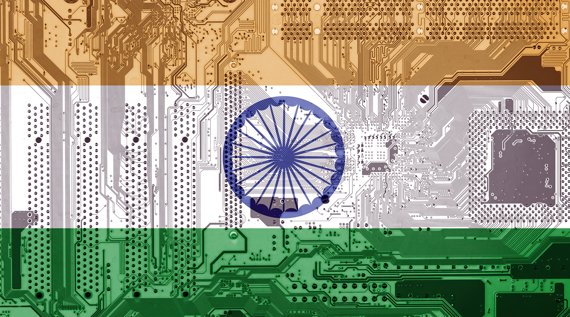 Indian flag pattern made of circuit board elements, symbolizing technology and nation.