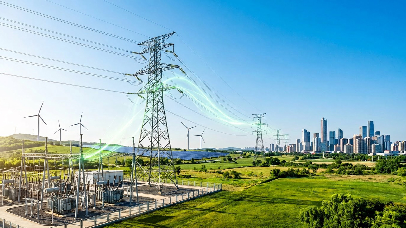 A landscape combining wind turbines, solar panels, and power lines connecting to a city, highlighting green energy.