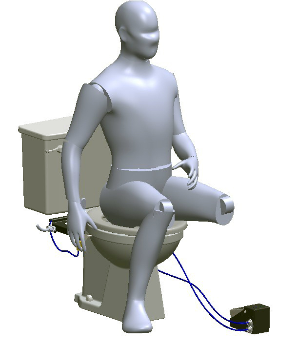 A grey mannequin sits on a toilet connected to a dark mechanical device on the floor by blue hoses.