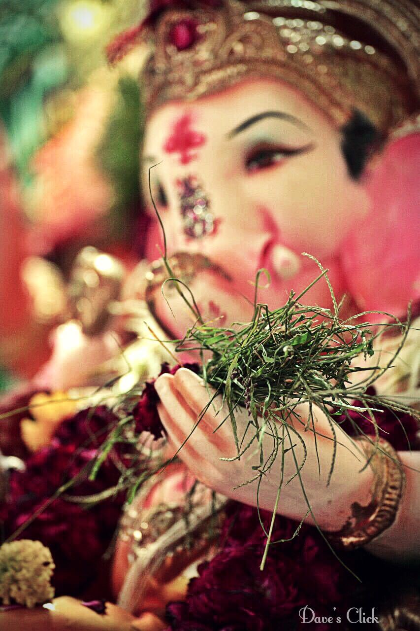 Close-up of a Ganesha idol's hand holding a bunch of fresh green Durva grass as an offering.