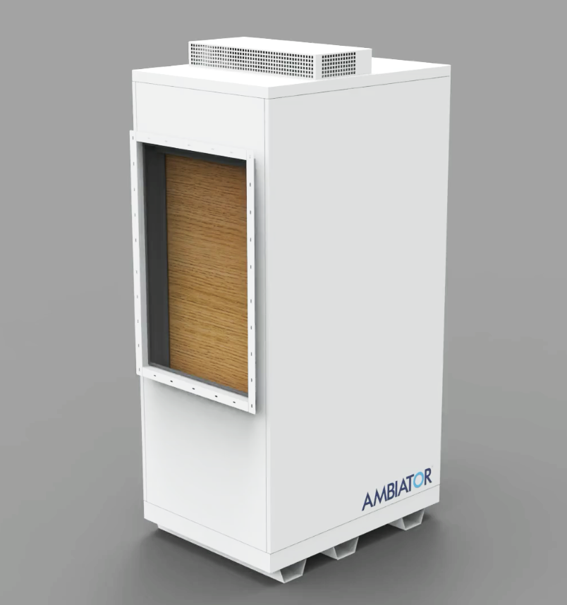 White Ambaitor air handling unit with an exposed wooden filter and top vent, on a gray background.