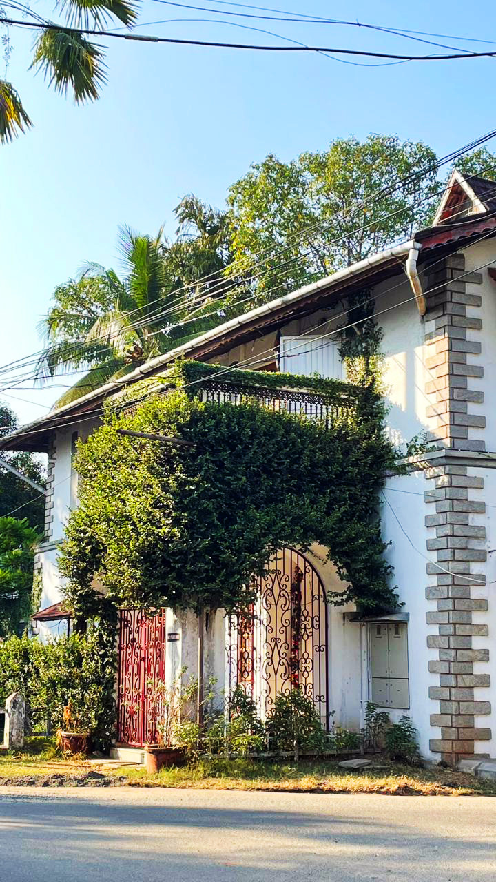 White building with an ornate metal gate and balcony, covered in lush green vines, under a blue sky.