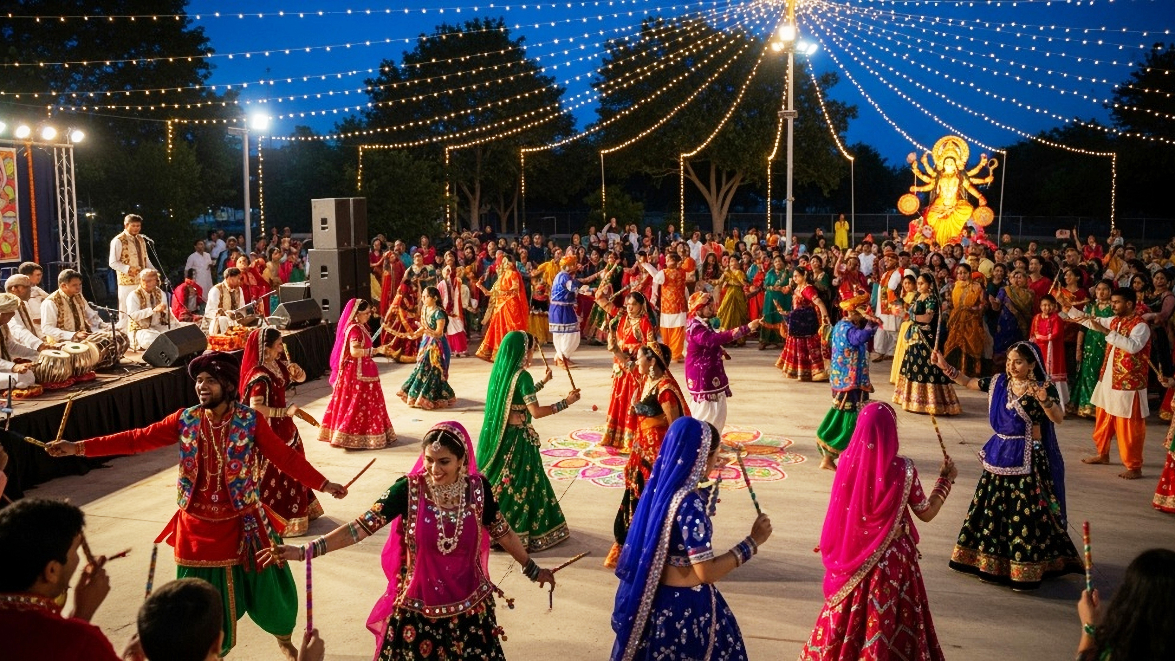 People perform Garba dance with dandiya sticks under string lights at a vibrant Navratri festival.