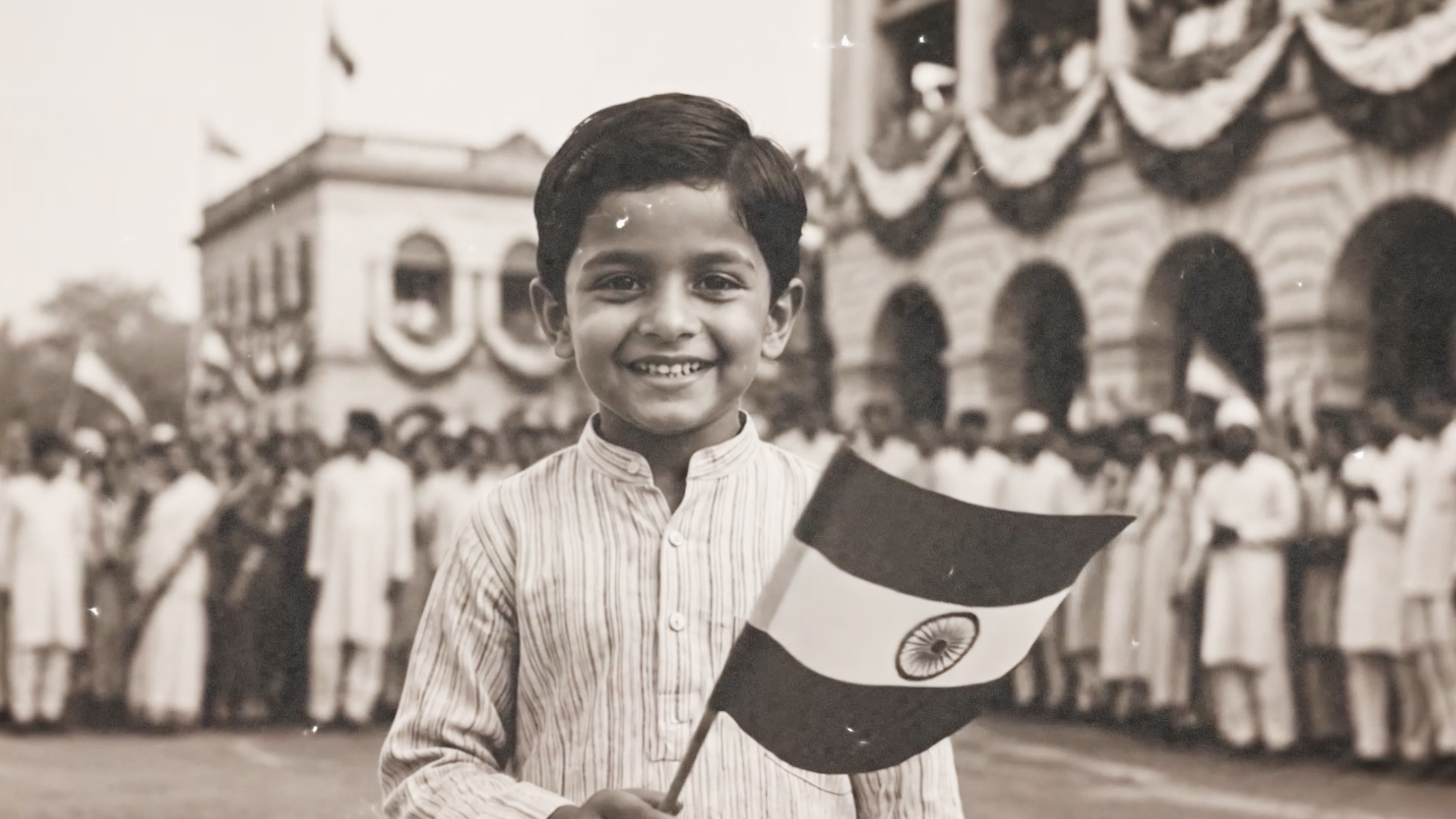 A smiling boy holds the Indian flag in a sepia-toned image, celebrating amidst a blurred crowd and building.