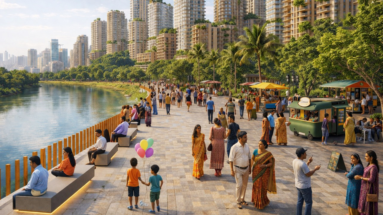A vibrant waterfront promenade bustling with diverse people, food stalls, and city views under a bright sky.