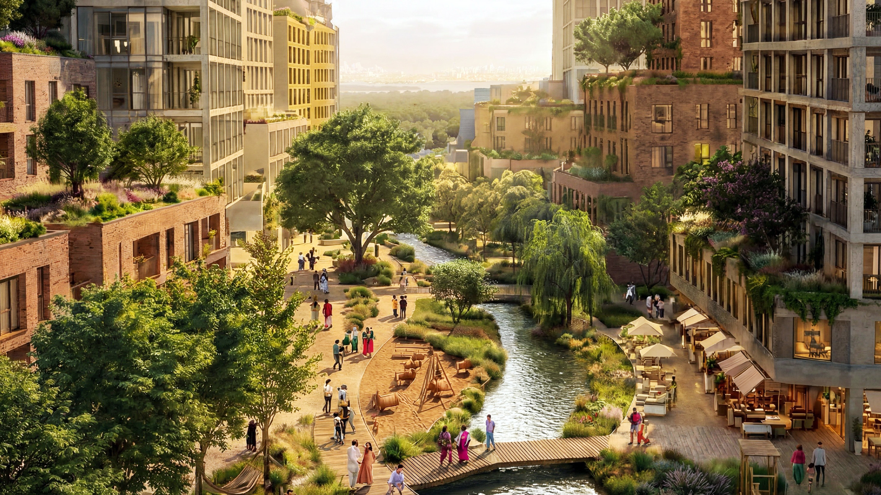 Lush urban development with a winding river, green roofs, public spaces, and people enjoying cafes.