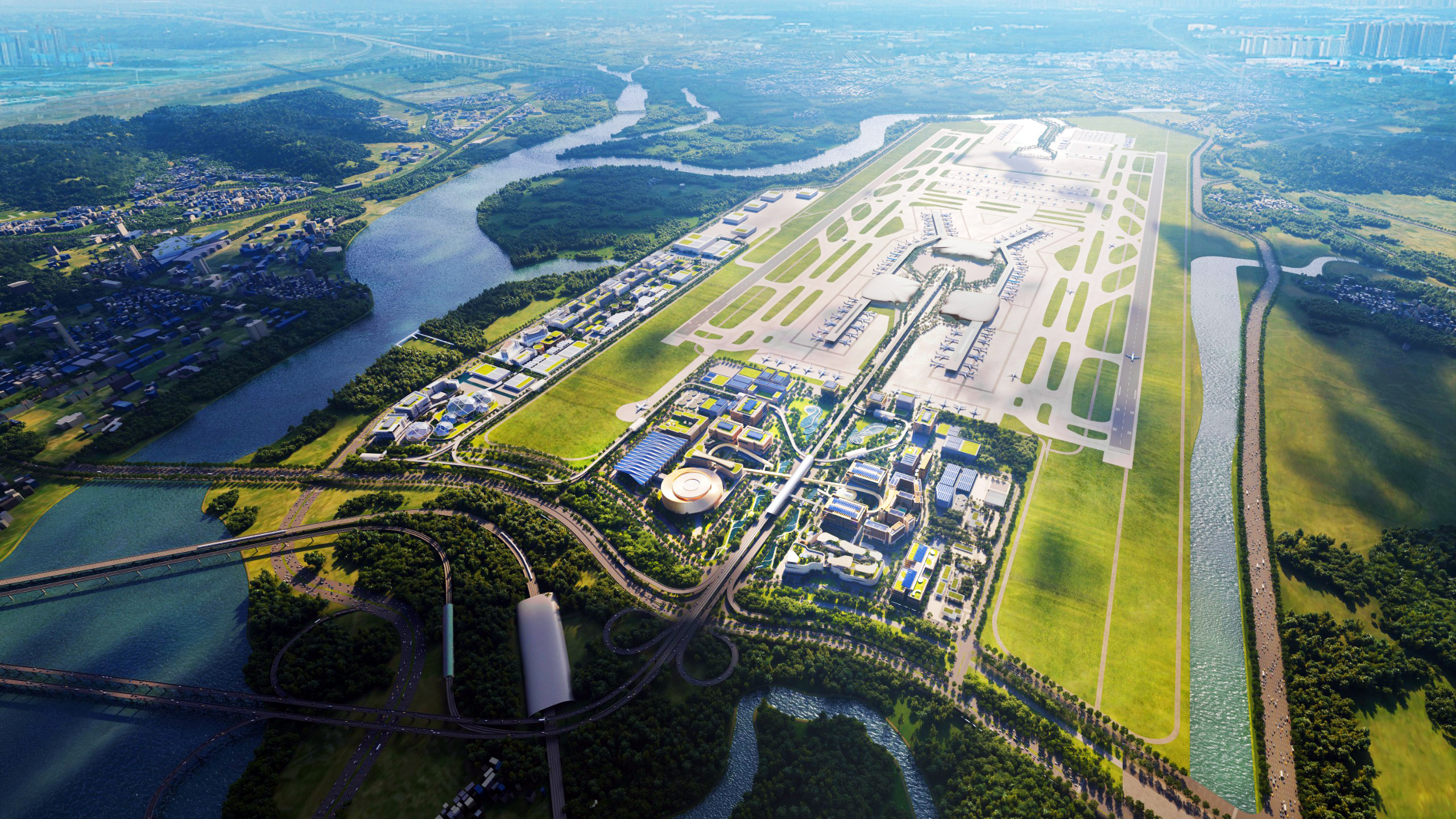 Aerial render of a vast modern airport with runways, terminals, surrounding rivers, and green infrastructure.