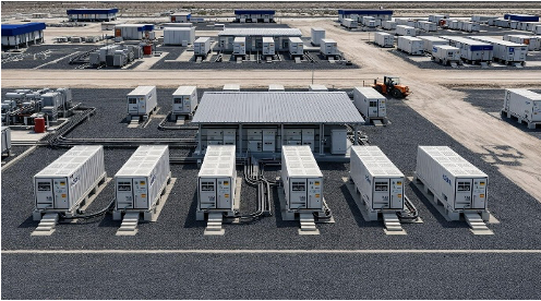 An aerial view of a large energy storage facility with numerous containerized battery units.