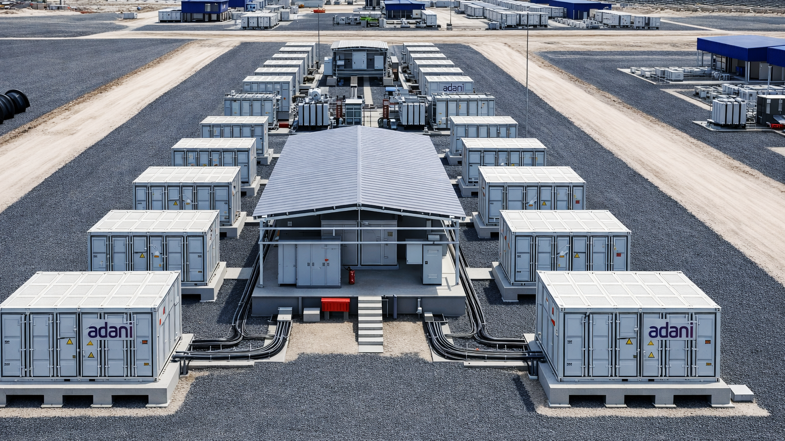 Large-scale outdoor battery energy storage system with numerous white containers, a central building, and transformers.