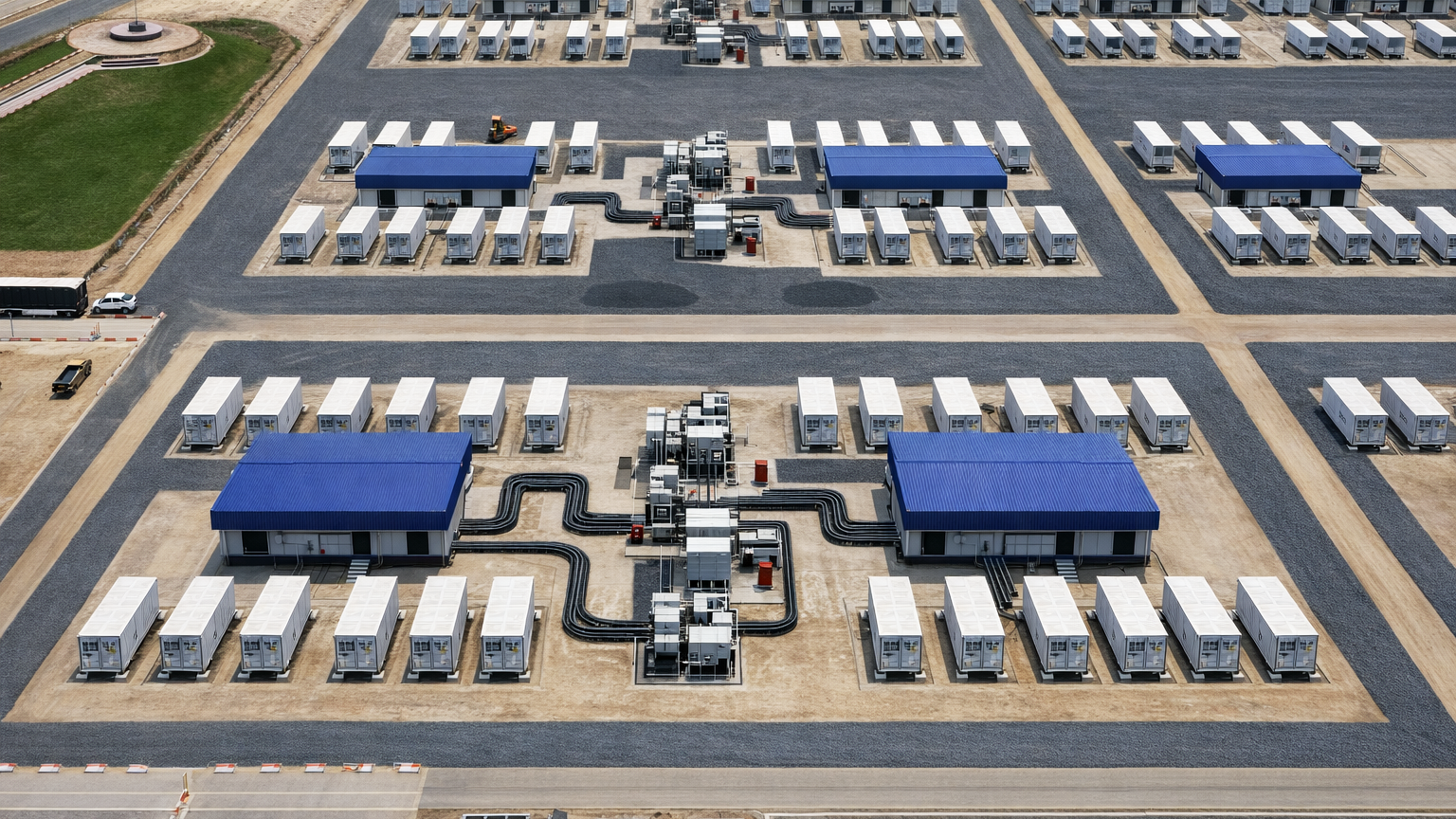 Aerial view of a vast industrial complex featuring rows of white container units and blue-roofed buildings.