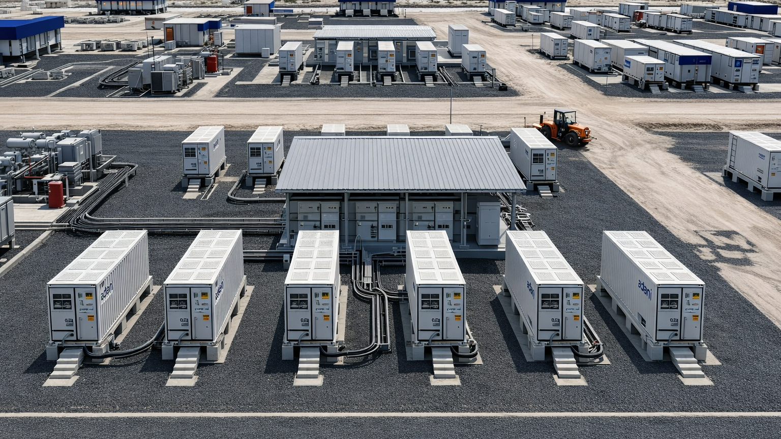 An aerial view of a large industrial facility featuring numerous white container-like units and buildings.